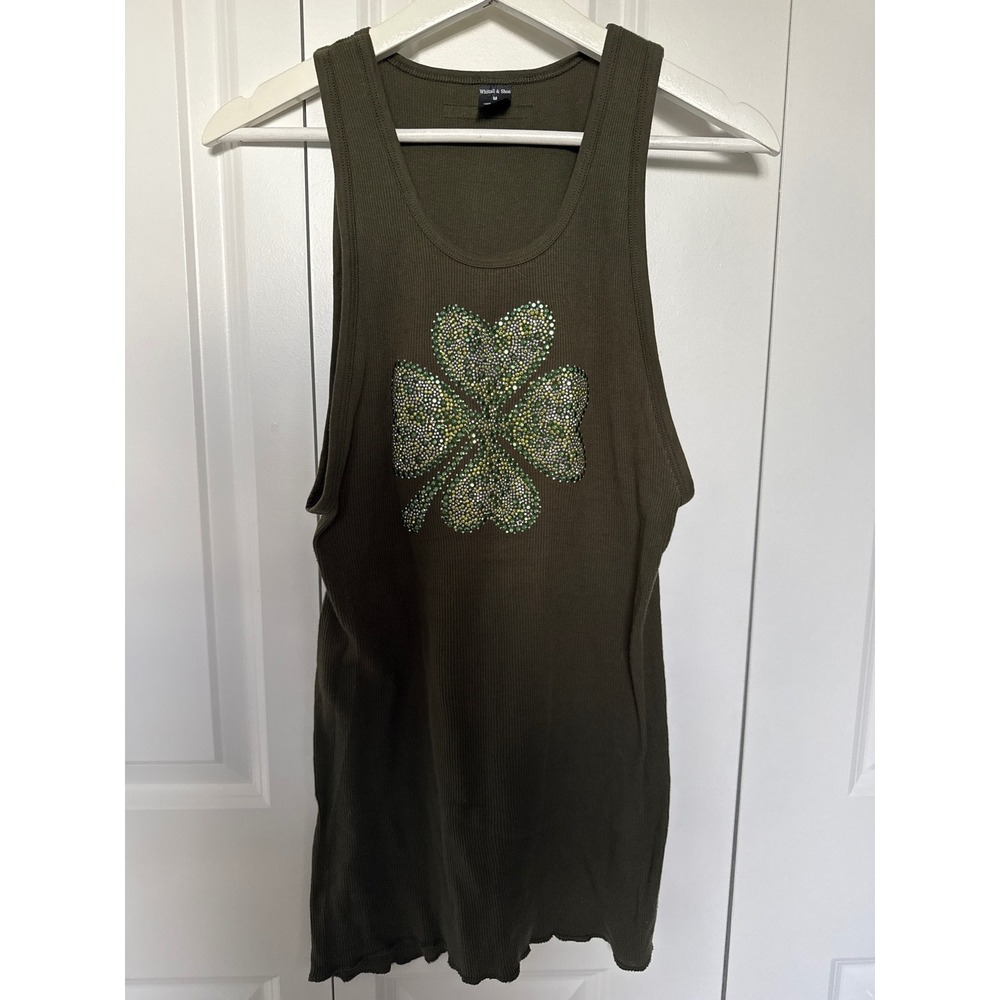 Whittall & Shon Olive Green Ribbed Rhinestone Shamrock Tank Top Medium